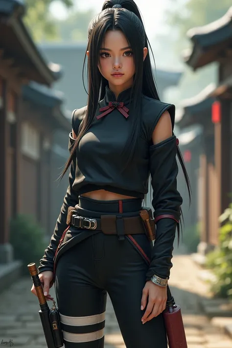  Full image of a girl with these features in her Naruto-style ninja costume

- Age:  17-20 years
- Height :  165-170 cm
- Weight :  55-60 kg
- Hair : long,  dark and smooth ,  with tufts that fall on your face
- Eyes :  bright and penetrating ,  of a dark ...