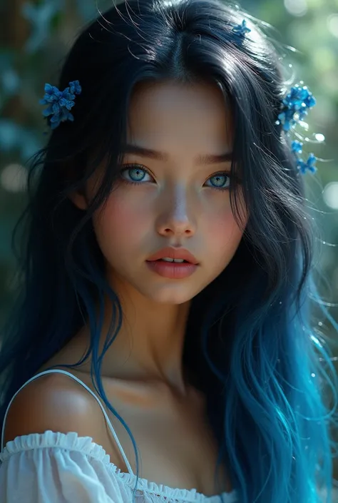 pretty Sixteen-year-old girl with deep blue eyes and black,blaue and silver hair and with tanned skin