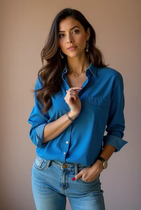 Crooked woman in a blue shirt and jeans posing for a photo,  a portrait of Nándor Katona ,  Instagram, cards, lorena greed, fernanda suarez, carla ortiz, Julia Fuentes, professional profile picture,  Estefania Villegas Burgos ,  Valentines shuffling , Caro...