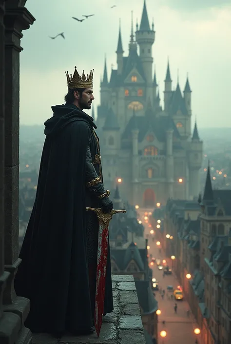 imagen realista, of a city from the Victorian era ,  where an unparalleled castle is represented ,  a tyrant king with a bloody and relentless sword.
