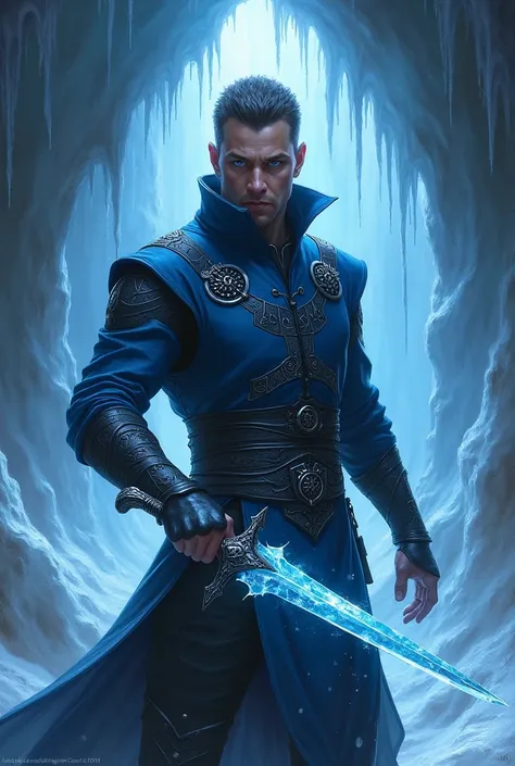 Create magic the gathering style: a man with very light blue eyes wearing a ninja blue vest with black ornaments exuding an intense freezing aura holding a medium ice dagger with ornaments in a freezing cave 