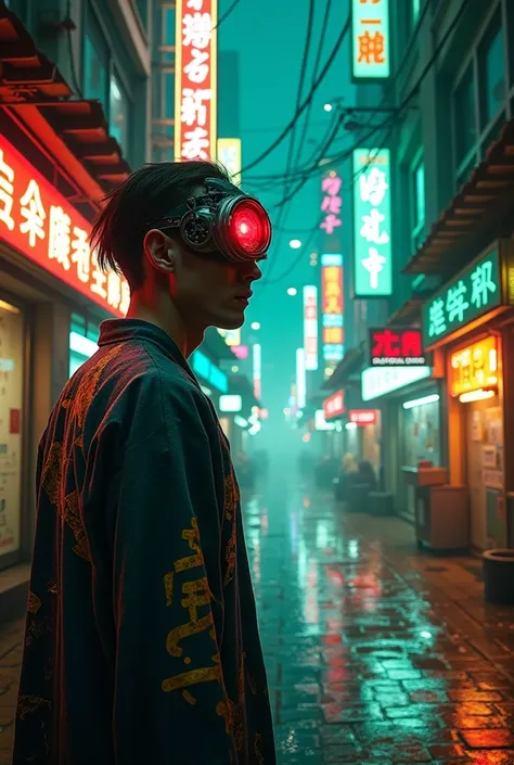 A cyberpunk digital artwork depicts a futuristic cityscape at night, characterized by dense neon signs in various colors like green, blue, yellow, pink, orange, and red. The central figure is a man person standing in profile on the right side of the image,...