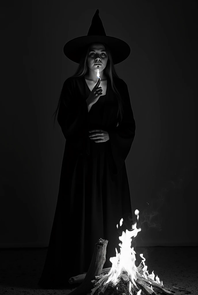 High contrast full-body photograph seen from the front ,  of a relaxed witch being burned at the stake lighting a cigarette with fire