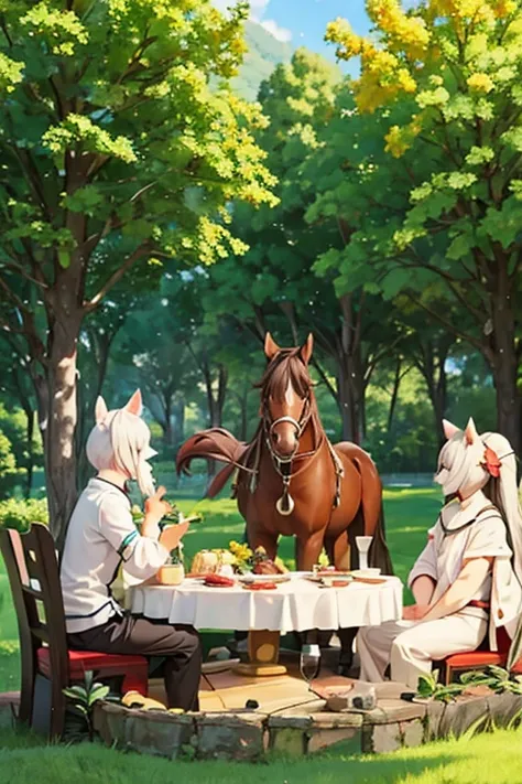 anthro male horses having a meal, stilage