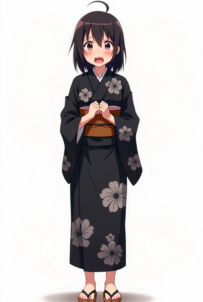 Anime woman with and standing in front of her full body legs and geta with black yukata with worried flowers and with a white background and full body and with pink nails and with fists on her chest both hands with an emotion of nervousness and with an exp...