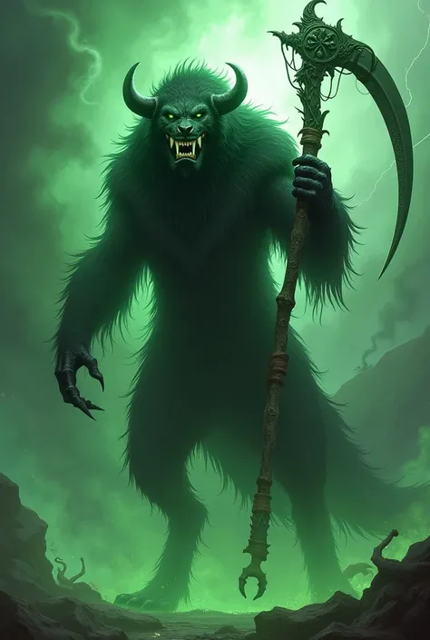 Green soul energy hellhound Grim Reaper, large scythe