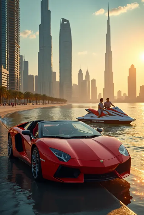  Create 6 photos about luxurious lifestyles such as supercars,  view of buildings in Dubai , Jet ski, money, In 4k the photo 