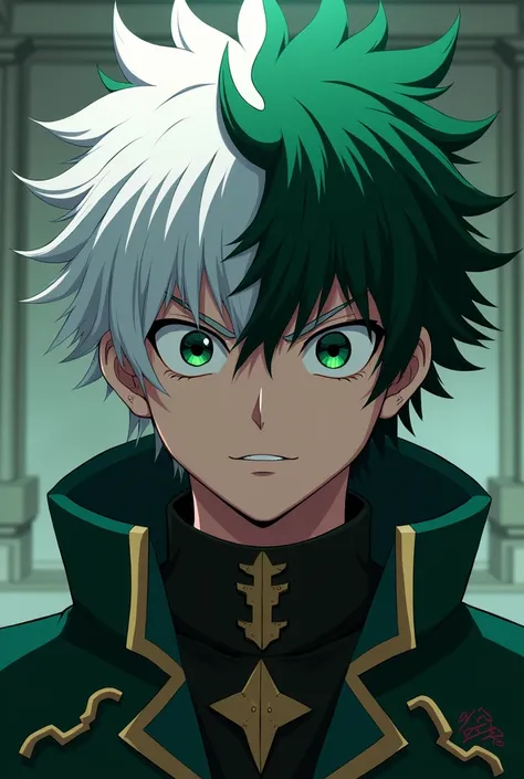 The Alpha boys hair on one half is white and the other half is green, his eye is green and the other completely white is a hero from the UA school of Hero Academi, his personality is cold and serious. 