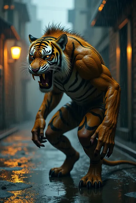 Create a creepy fusion of a man and a tiger, hybrid creature, full-body image in a dimly lit alley and raining.