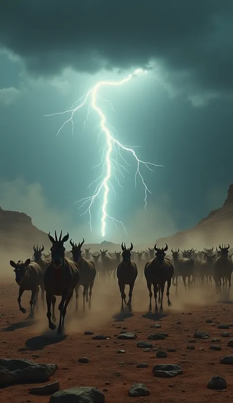 "Wild animals fleeing through barren landscapes, with dramatic lightning storms raging in the sky above." --ar 9:16