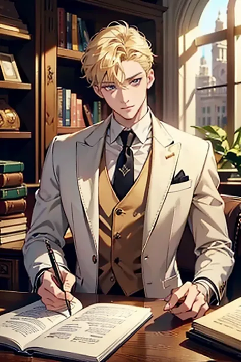 ( masterpiece , high resolution,  :1.0), (1 boy, young male), Eyes looking at the camera,  perfect male body ,  extremely detailed CG ,  wallpaper 8k , Complicated details, only people, detailed face,(blonde Hair ,  golden eyes , white shirt, brown suit, c...