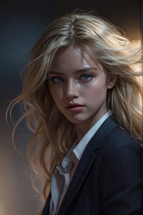 Best quality, masterpiece, ultra high res, (photorealistic:1.4), raw photo, 1girl, blonde hair, blue eyes,  detailed eyes and face, black suit, dynamic lighting, in the dark, deep shadow, low key, cowboy shot full-lenght body