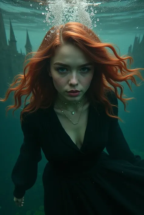 Realistic burgundy haired Chloe bailey as a Slytherin underwater in the black lake at hogwarts