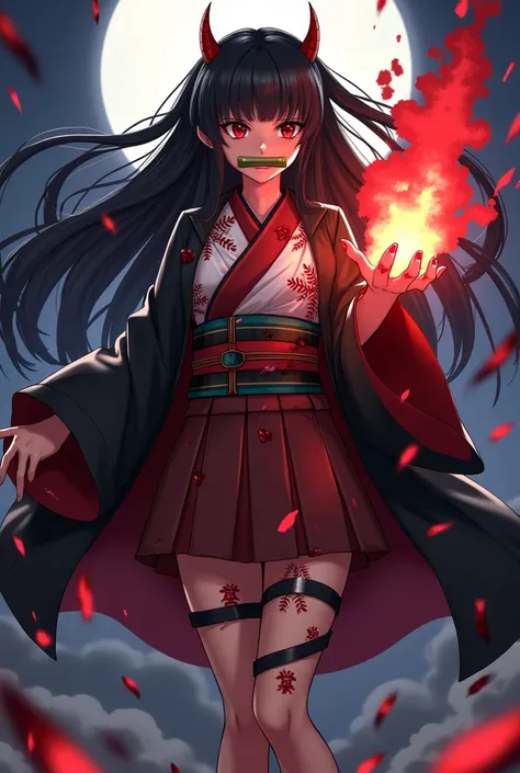 Demon Slayers Kamado Nezuko。 demon girl with a bamboo tube on her mouth 、 with black and long hair 、 pretty girl。 The kimono has a hemp leaf pattern drawn on it and 、 wearing a black coat from her shoulder 、 with a red and white pine pattern 、 dark brown c...