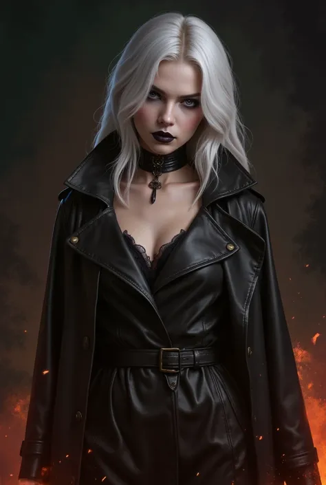 Black Clothing, An extremely detailed digital painting in an anime style inspired by the Hellsing Anime of an enigmatic female character portrayed by Cara Delevingne with albino skin white hair and violet eyes wearing a black leather trench coat with gothi...