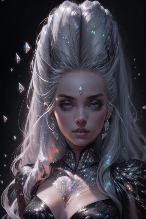 {-erro_de_anatomia:1.0} masterpiece, highest quality, (perfect face:1.1, (high detail)1.1, sweet stardust vampire , long soft white hair, opal eyes, perfectly drawn face, black dress, stars detailed background, prismatic lighting, glitter, whole body, walk...