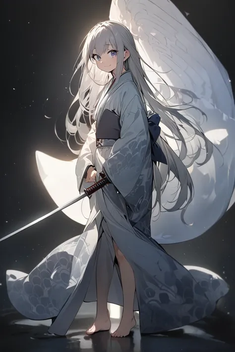  girl, masterpiece,  best quality,  very aesthetic, whole body,  standing, kimono, ２I have a book sword, Young,  cute, Gray Hair,  no background,  odd-eye,  long hair, barefoot, smile, 肩がkimonoから見えている