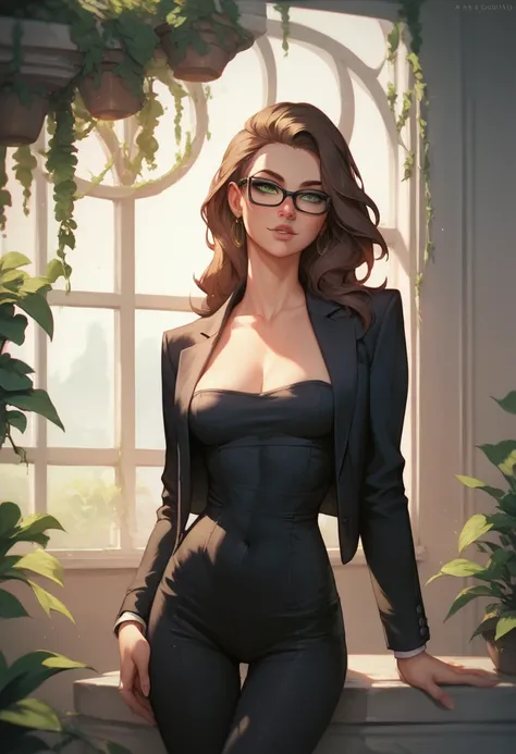 Skinny hispanic woman, wearing a black turtle neck, wearing black dress pants, wearing a black blazer, has black eyeglasses, sexy, green eyes, long straight brown hair, beautiful