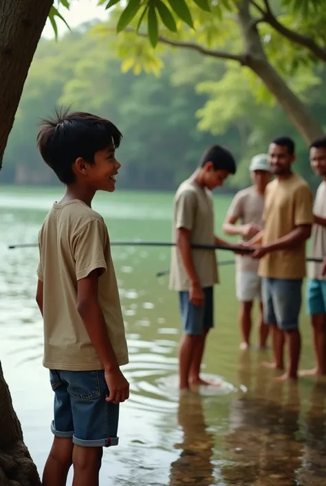 Real photo of a ten-year-old white-skinned Venezuelan boy with black hair wearing denim shorts and beige t-shirt standing next to a tree watching four young men fish with a happy face of joy wearing neutral-colored shorts and t-shirts of different neutral ...