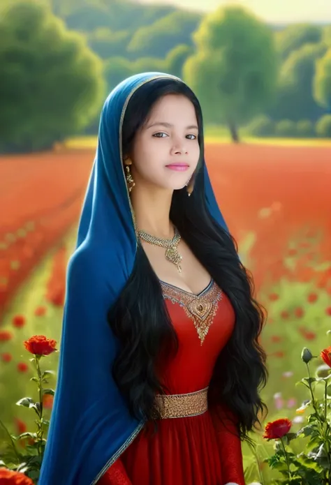 a young sexy muslim woman wearing red gown black,dupatta long flowing hair large breasts, full body, flower field background, morning sunlight, extremely detailed, (best quality,4k,8k,highres,masterpiece:1.2),ultra-detailed,(realistic,photorealistic,photo-...