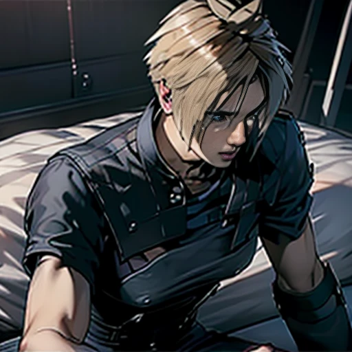 (  very detailed CG), (  best quality ), (  very detailed CG), (  best quality ), (Cloud Strife ), (Overall view) SWAT Clothing, Beautiful and attractive young man,  toned muscles, Large breasts, 