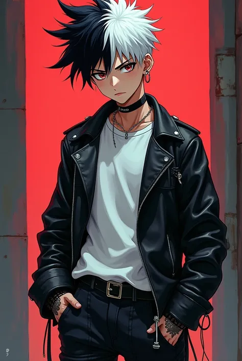 80s anime, one tall teen boy, black and white hair, white shirt, black leather jacket, black pants, black boots, tattoos, ear piercings
