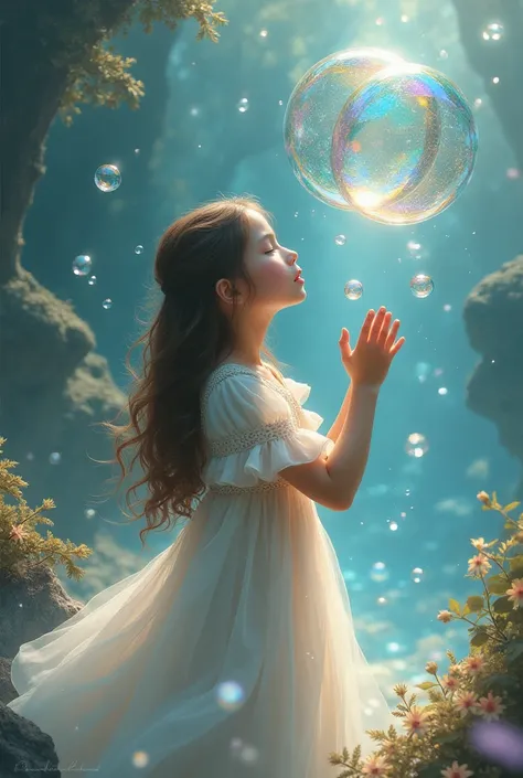 A painting of a girl in a dress is blowing a bubble, Loych and wow,  floating bubbles , Mobius  + Loych + wow,  Dreamy and Detailed , intricate wow,  close-up fantasy pictures with water magic ,  fairy tale paintings ,  fairy tale paintings ,  in the style...