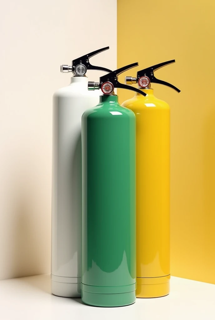 Give me an image of a white extinguisher, green extinguisher and yellow extinguisher but together a collage 