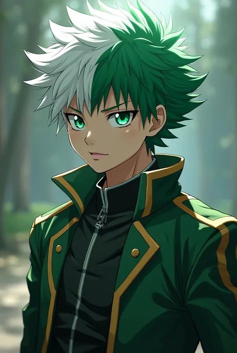 The Alpha boys hair on one half is white and the other half is green, his eye is green and the other is completely white, he is a hero from the UA school of Hero Academi, his personality is cold and serious. 