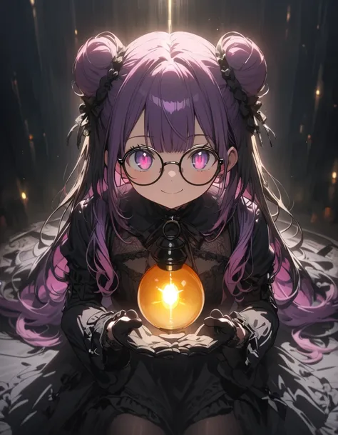 Long purple hair , Wearing black gothic lolita clothes, Gothic Lolita, fullbody, round glasses, Front Light ,Cute 2D, Front lighting 、( for a woman with bristles、masterpiece、 high definition 、 Details)、animeスタイル、 Flat Style 、(Shining Eyes、 Details美しい顔),  1...