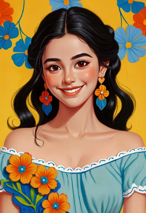 Beautiful Mexican woman, smiling, long black hair , pastel blue off-shoulder top with colorful scalloped trim, large flower-shaped earrings in yellow and blue, facing forward, looking at the viewer, bright wide eyes with heart-shaped pupils, cartoon style,...