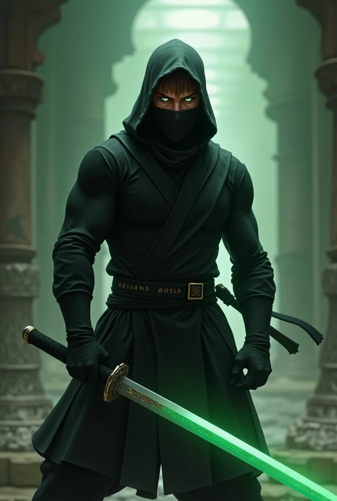 NINJA hombre, brown hair, bright light green eyes ,wearing a black ninja suit ,  holding a long green katana, in combat pose 