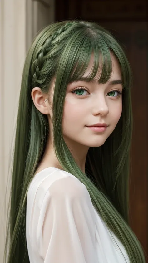 portrait. a european girl. extremely detailed face. cute. gentle. cheerful. half-closed eyes. green eyes. long, thick hairstyle. green hairstyle.