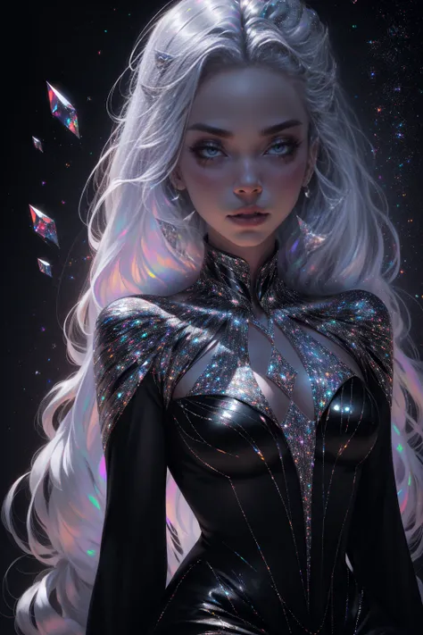 {-erro_de_anatomia:1.0} masterpiece, highest quality, (perfect face:1.1, (high detail)1.1, sweet stardust vampire , long soft white hair, opal eyes, perfectly drawn face, black dress, stars detailed background, prismatic lighting, glitter, whole body, walk...