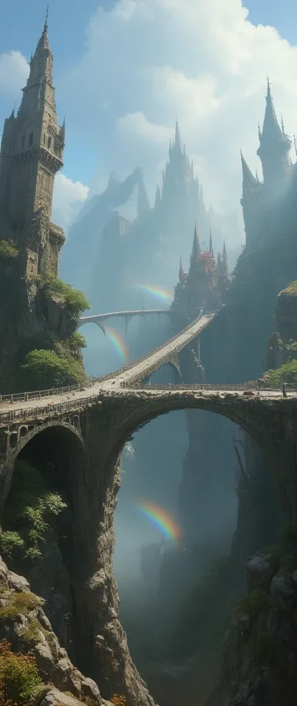  A very old bridge ( float in the sky , 即将倒塌,  Many rainbows shine through the mist ) connected to an ancient castle  float in the sky .  is diffusely reflected through the fog .  stretch far into the foreground ， is about to collapse and . in the thick fo...