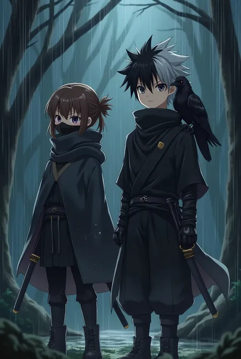 One Anime boy, One anime girl, both are ninja, a raven sits on his shoulder, boy has medium length hair, half black hair, half white hair, hair spiked and long, dark eyes, sharp eyes, girl has long brown hair, hair tied back, wear two katanas, wear a ninja...