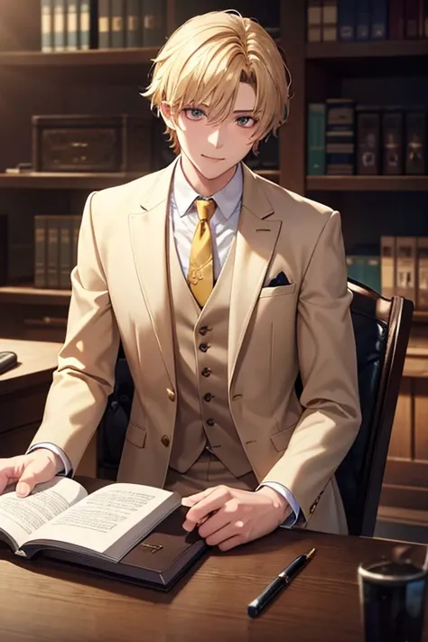 ( masterpiece , high resolution,  :1.0), (1 boy, young male), Eyes looking at the camera,  perfect male body ,  extremely detailed CG ,  wallpaper 8k , Complicated details, only people, detailed face,(blonde Hair ,  golden eyes , white shirt, brown suit, c...