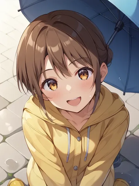  score_9,  score_8_up,  score_7_up,  score_6_up,  score_5_up,  score_4_up,Anime BREAK，nsfw， best quality，masterpiece，(  detailed background:1.2)， fisheye lens， one very young girl， innocent and cute face ，smile、 brown hair、 Had，Rainy Day、yellow raincoat、Pu...