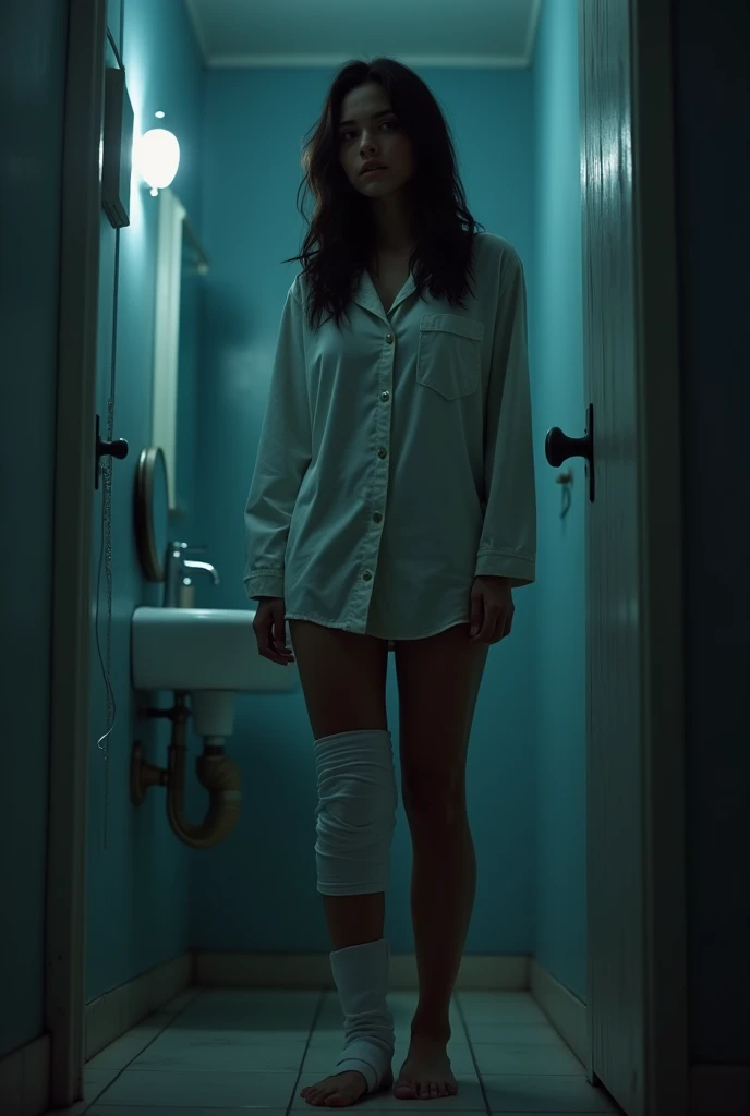 Young Argentinian woman in pajamas wearing full knee protection on her leg in the bathroom,  night atmosphere 