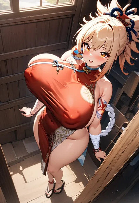 8k, masterpiece, best quality, ultra detailed, Ultra-high resolution, Highly detailed CG, break, 1girl, yoimiya(genshin impact), kawaii, nsfw, gigantic breasts, (Cheongsam:1.2), full body, indoors, standing