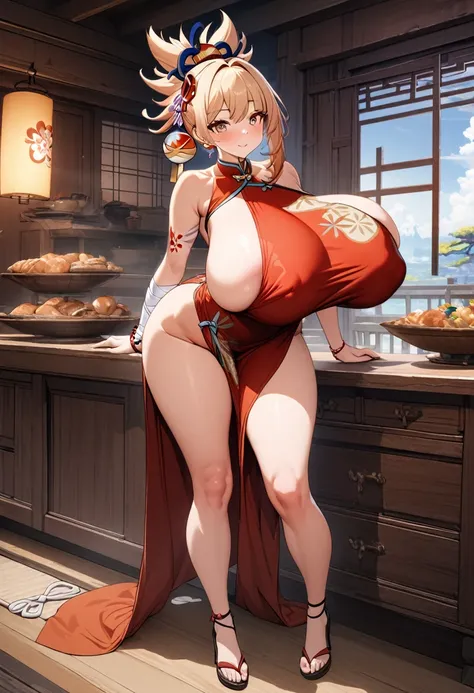 8k, masterpiece, best quality, ultra detailed, Ultra-high resolution, Highly detailed CG, break, 1girl, yoimiya(genshin impact), kawaii, nsfw, gigantic breasts, (Cheongsam:1.2), full body, indoors, standing