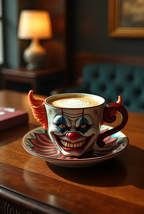 Clown Killer themed mug, inside a cappuccino, a luxury table, perfection in the details, cinematic photo, 8k hdr