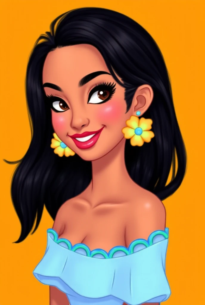 Beautiful Mexican woman, smiling, long black hair , pastel blue off-shoulder top with colorful scalloped trim, large flower-shaped earrings in yellow and blue, facing forward, looking at the viewer, bright wide eyes with heart-shaped pupils, cartoon style,...