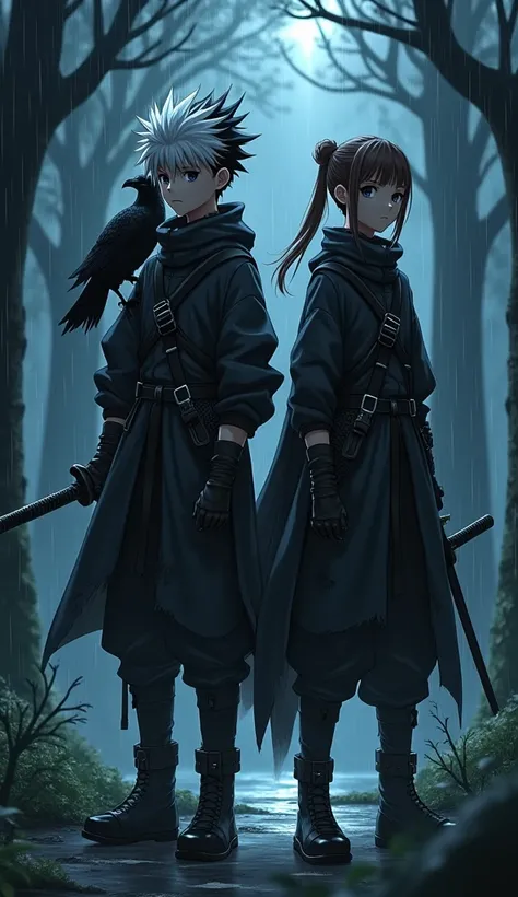 One Anime boy, One anime girl, both are ninja, a raven sits on his shoulder, boy has medium length hair, half black hair, half white hair, hair spiked and long, dark eyes, sharp eyes, girl has long brown hair, hair tied back, wear two katanas, wear a ninja...