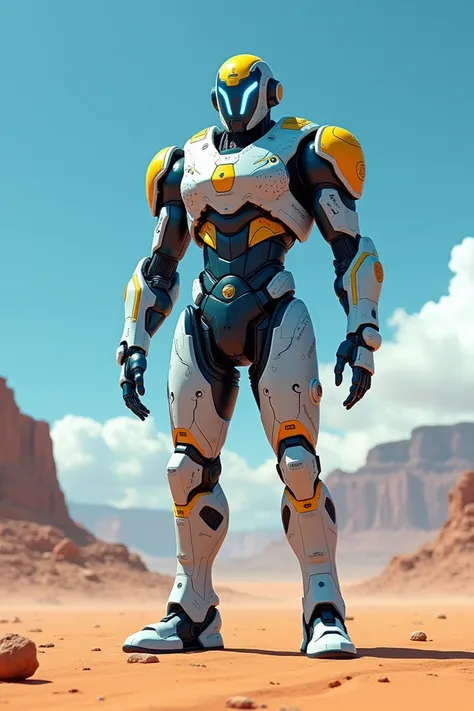 A futuristic man with cyborg suit, mix color of blue,yellow,white. 4k uhd. BG  in desert