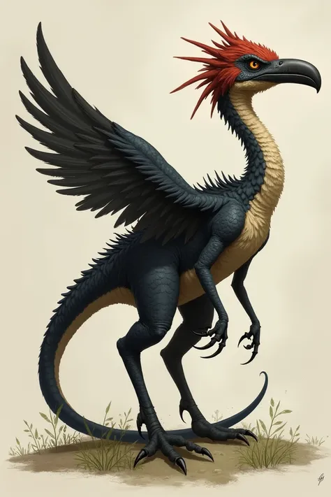  A hybrid of a dinosaur with a woodpecker,  it has a long, dark tail ,  a feathered wing with long claws , It has a long black beak .