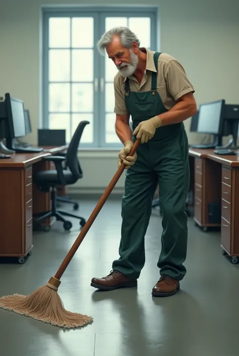 Office cleaner,he is salt and pepper hair,he clean the floor 