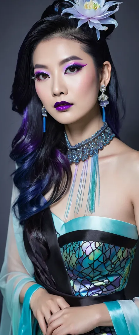 Portrait of a beautiful Asian female model with porcelain-white skin. Long, asymmetrical layered hair, dyed black with blue highlights, smoky purple-silver highlights on the bangs, one side braided close to the scalp geometrically, the other side curled in...