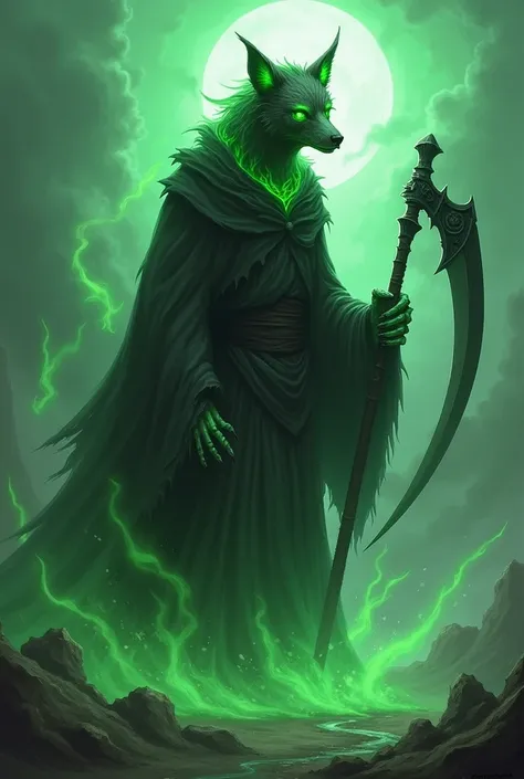 Canine grim reaper, green soul energy, large scythe