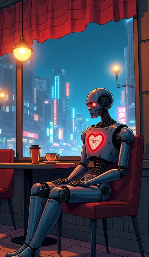 anime style 90s, cowboy-themed be-bop ,  a robot whose heart has been removed is sitting in a coffee shop, Through the window you can see the Cyberpunk city with neon night lights , hand drawn